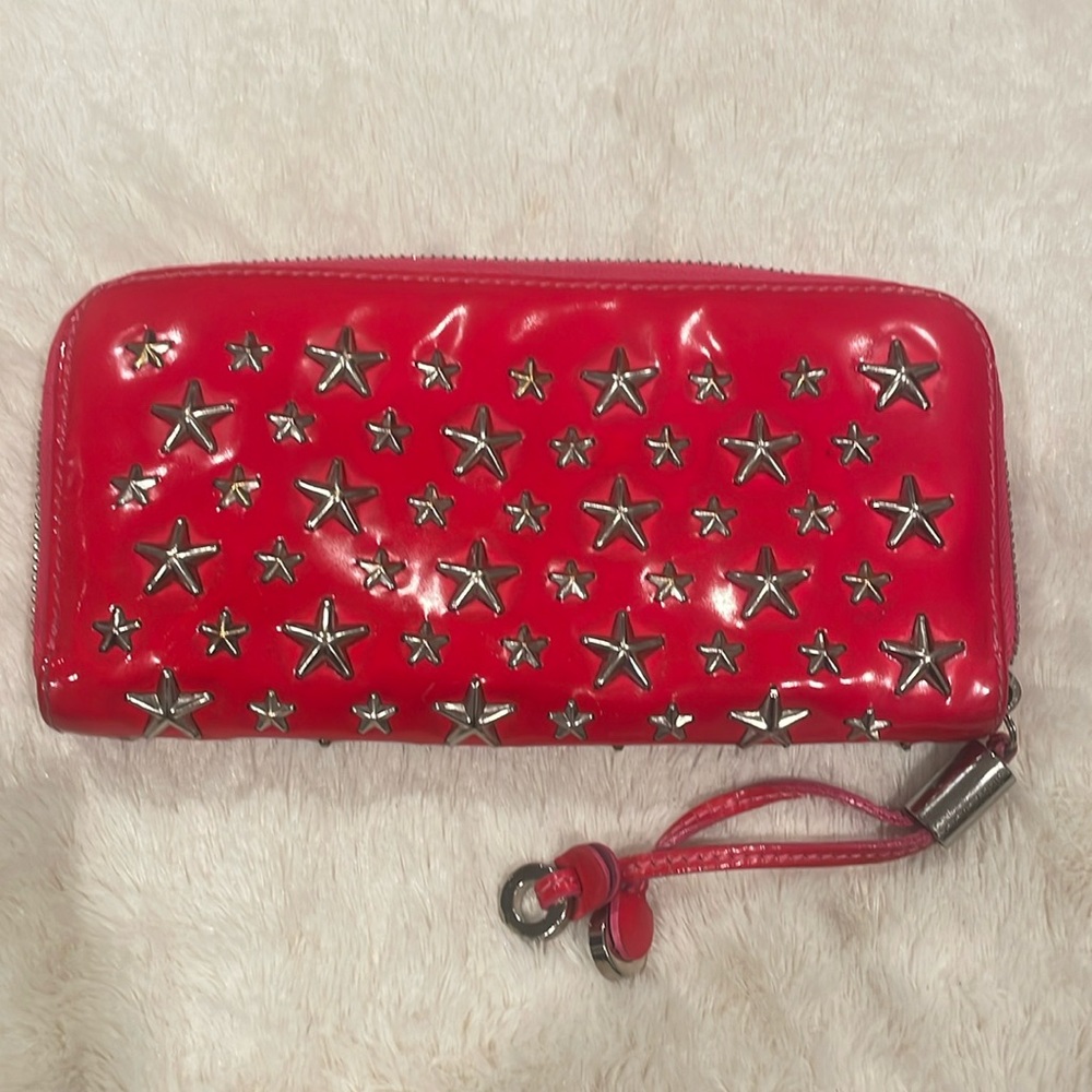 EUC Authentic Jimmy Choo Star Studded Red Patten Leather Wallet.